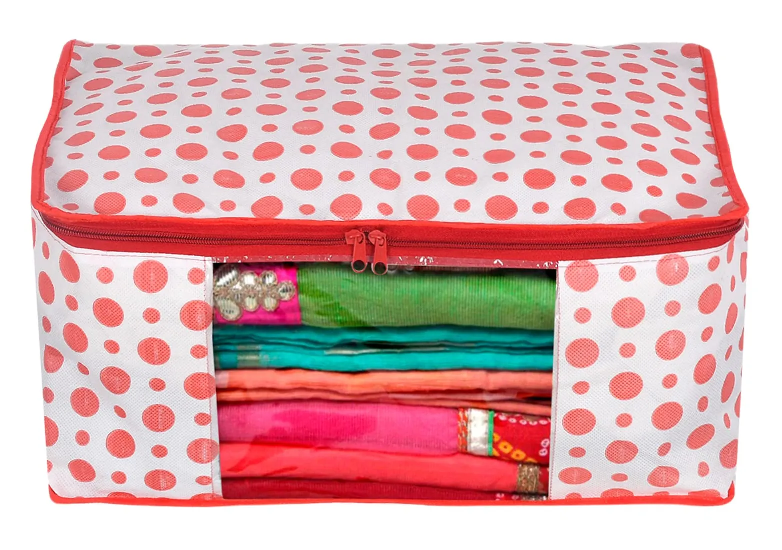 Kuber Industries Dot Printed Non-Woven Saree Cover, Cloth Organizer, Wardrobe Organiser With Tranasparent Window- Pack of 4 (Blue & Pink)-46KM0508