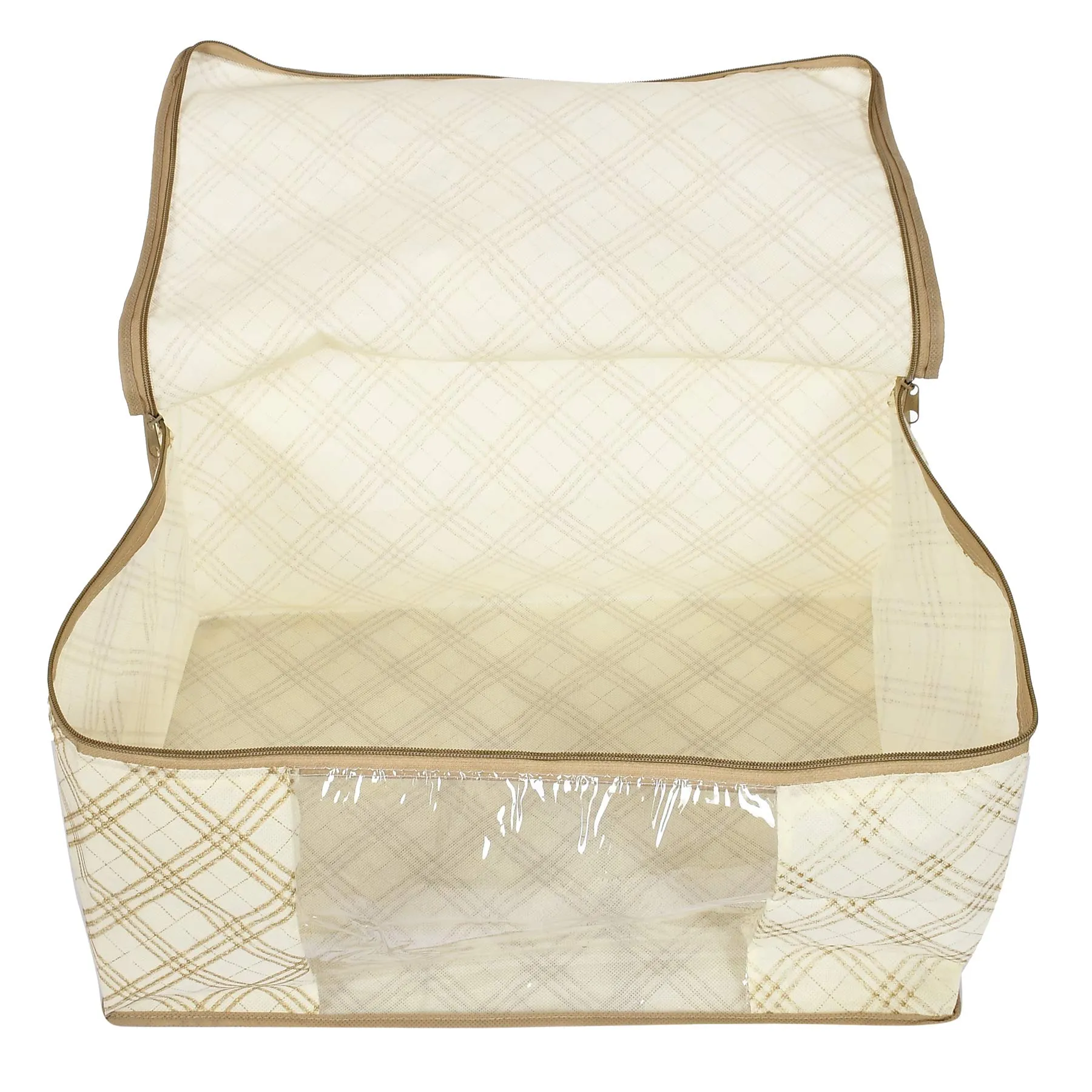 Kuber Industries Non-woven Foldable Saree Cover|Tartan Design Clothes Storage Bag|Wardrobe Organizer With Transparent Window|Pack of 8 (Ivory)