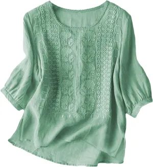 Linen Clothes 3/4 Sleeve Embroidered Tops for Women Summer Shirts 2025 Boho Dressy Casual Loose Fit Blouses