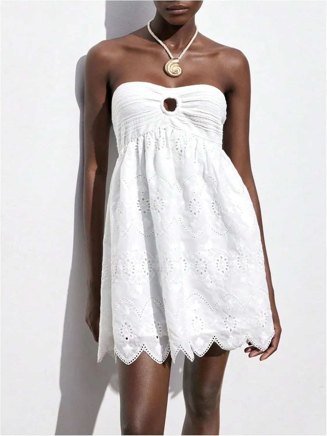 MakeMeChic Women's Summer Strapless Tube Top Dress Eyelet Embroidery Cut Out Sleeveless Mini Dresses