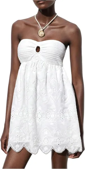 MakeMeChic Women's Summer Strapless Tube Top Dress Eyelet Embroidery Cut Out Sleeveless Mini Dresses