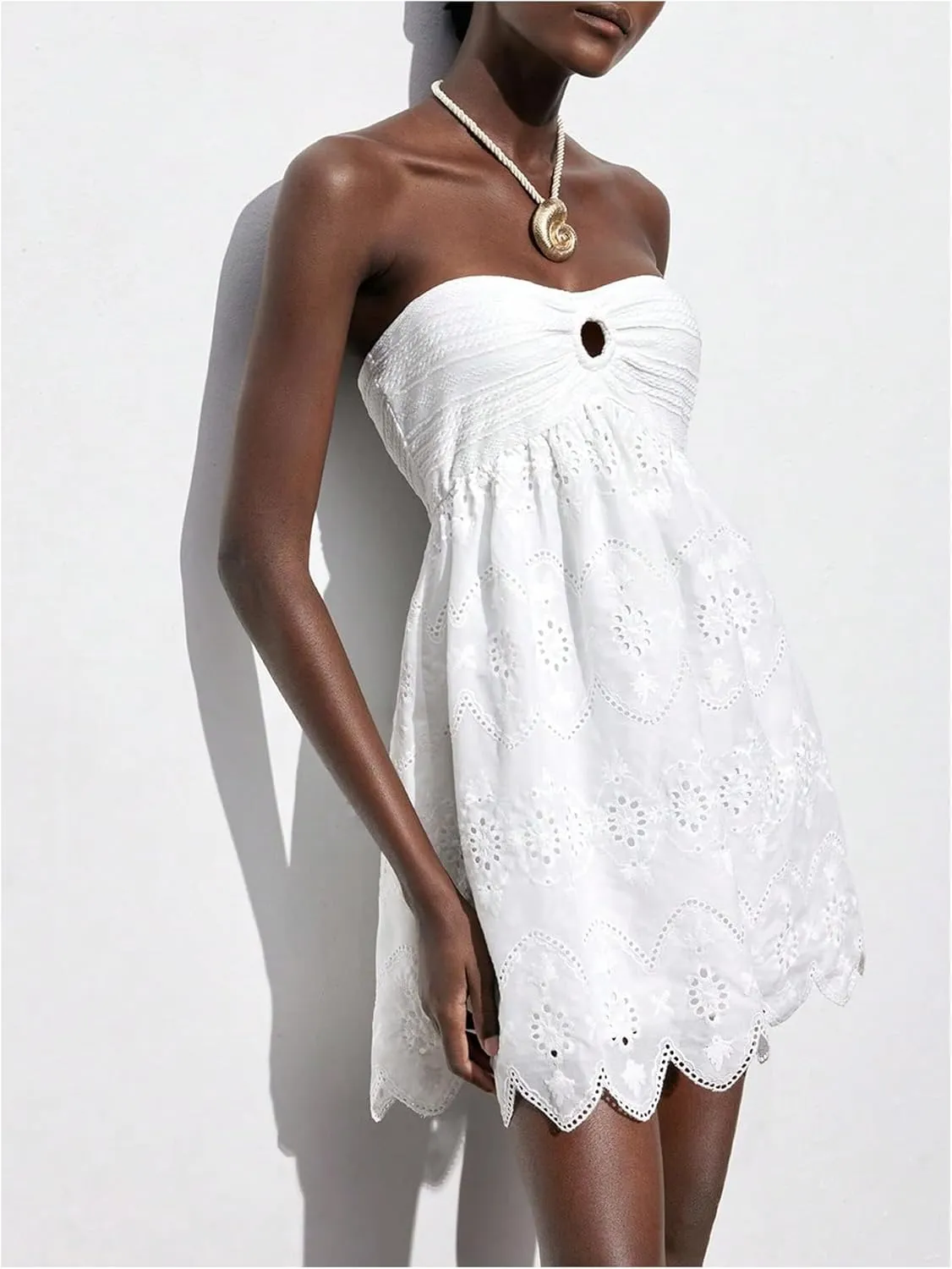 MakeMeChic Women's Summer Strapless Tube Top Dress Eyelet Embroidery Cut Out Sleeveless Mini Dresses