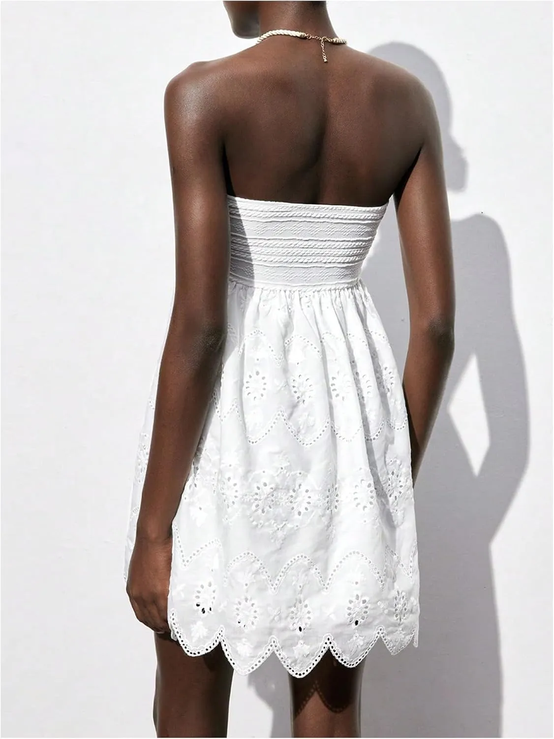 MakeMeChic Women's Summer Strapless Tube Top Dress Eyelet Embroidery Cut Out Sleeveless Mini Dresses