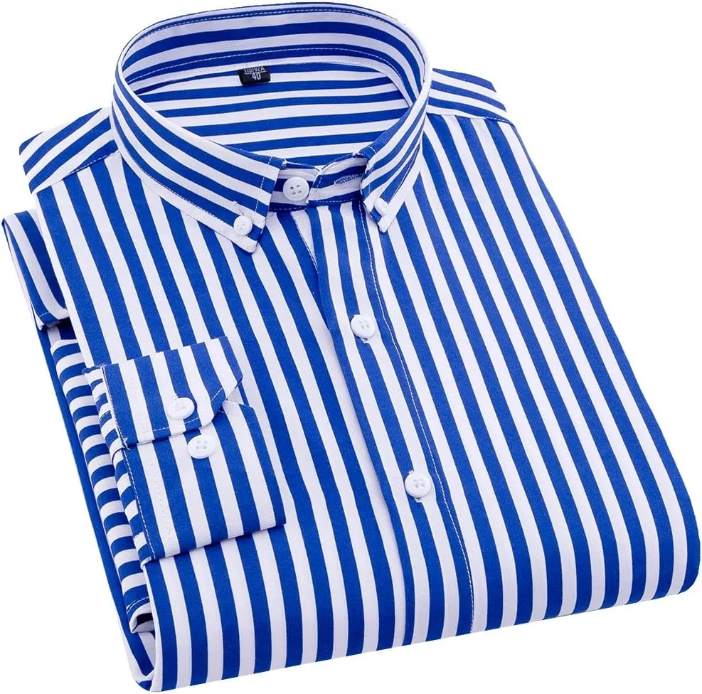 Men's Classic Casual Vertical Striped Slim Fit Long Sleeve Dress Shirts