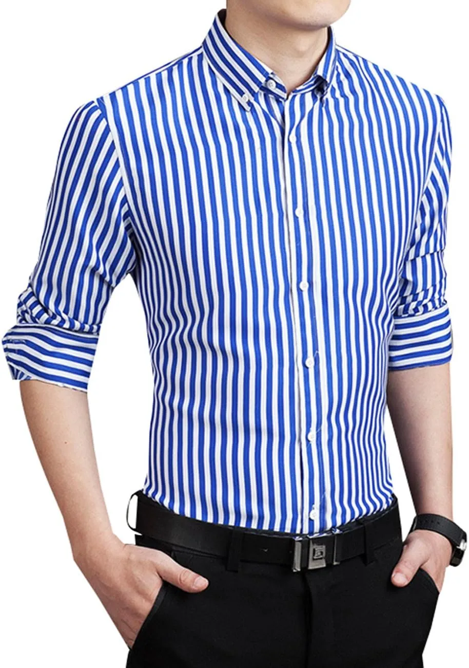 Men's Classic Casual Vertical Striped Slim Fit Long Sleeve Dress Shirts
