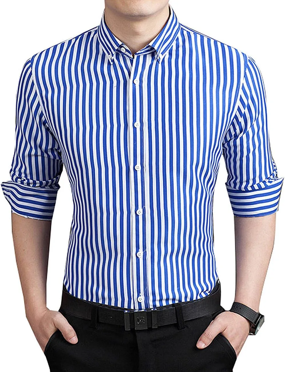 Men's Classic Casual Vertical Striped Slim Fit Long Sleeve Dress Shirts