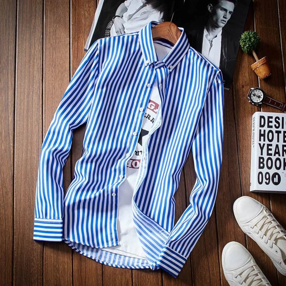 Men's Classic Casual Vertical Striped Slim Fit Long Sleeve Dress Shirts