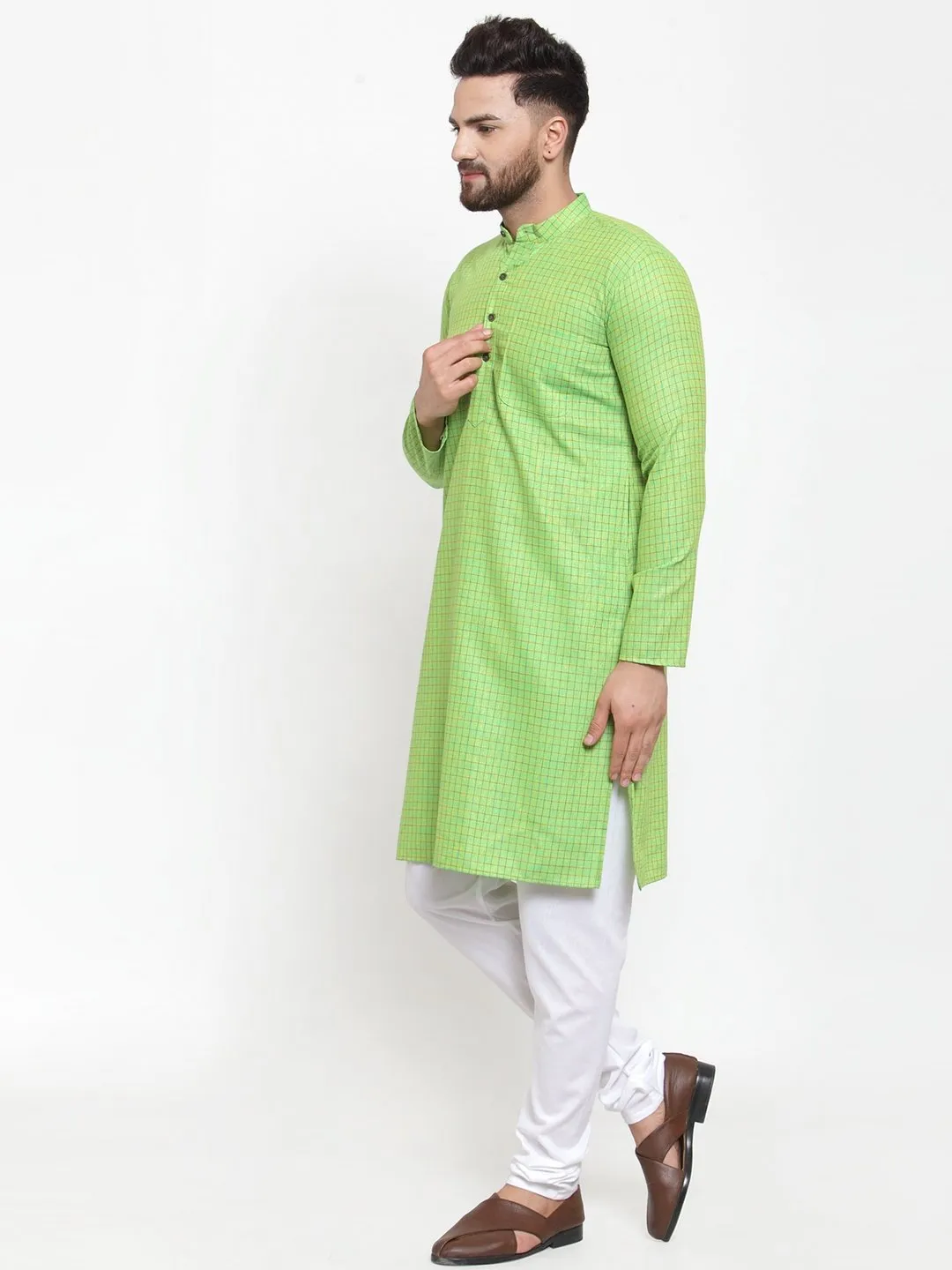 Men's Green Checked Self Design Kurta with White Churidar ( JOKP 603Green ) - Virat Fashions