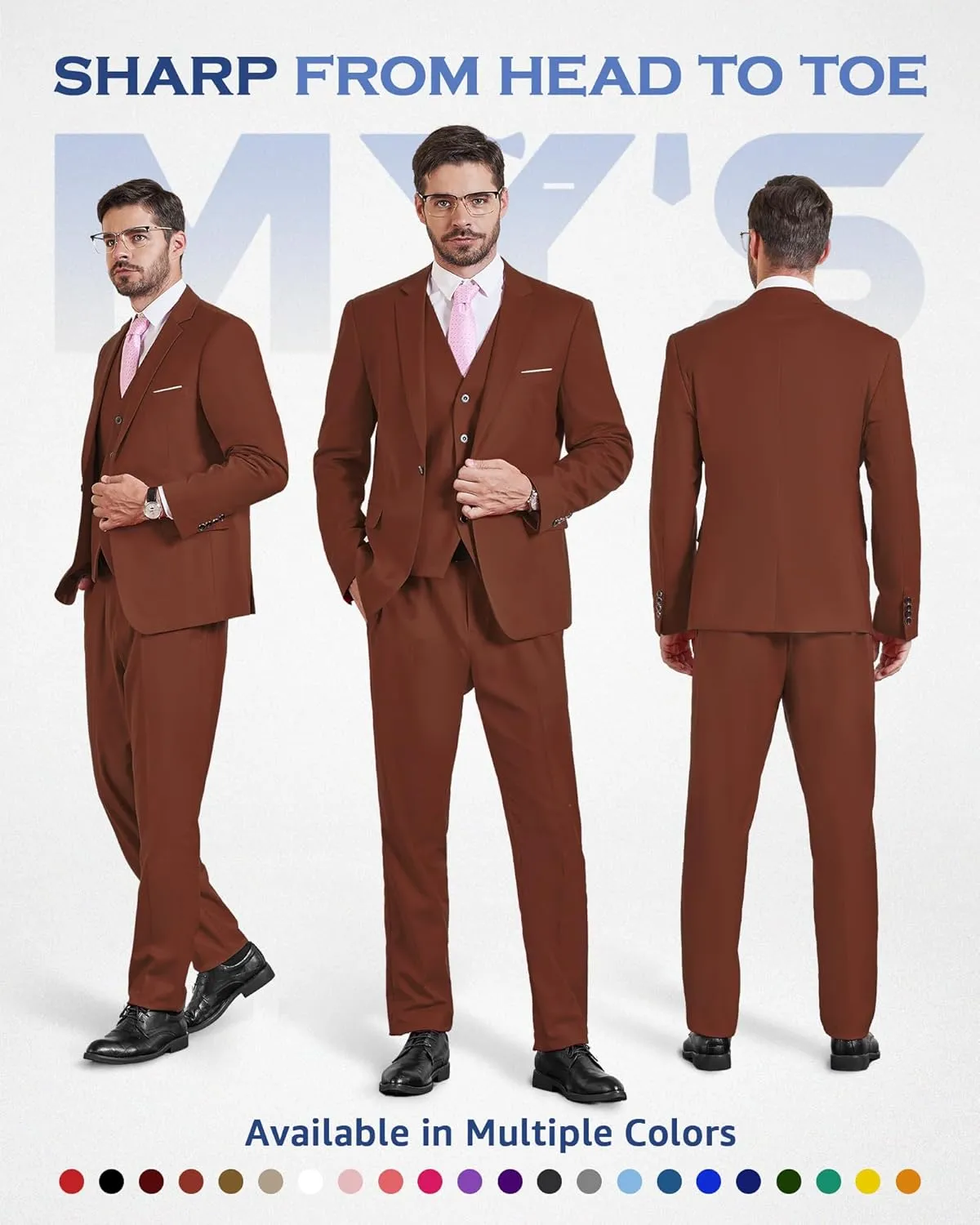 MY'S Men's 3 Piece Slim Fit Suit Set, One Button Solid Jacket Vest Pants with Tie