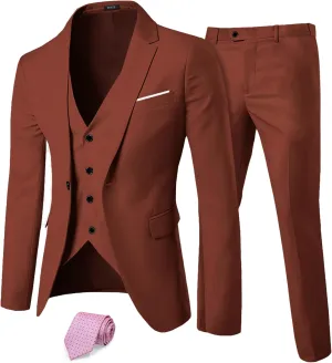 MY'S Men's 3 Piece Slim Fit Suit Set, One Button Solid Jacket Vest Pants with Tie