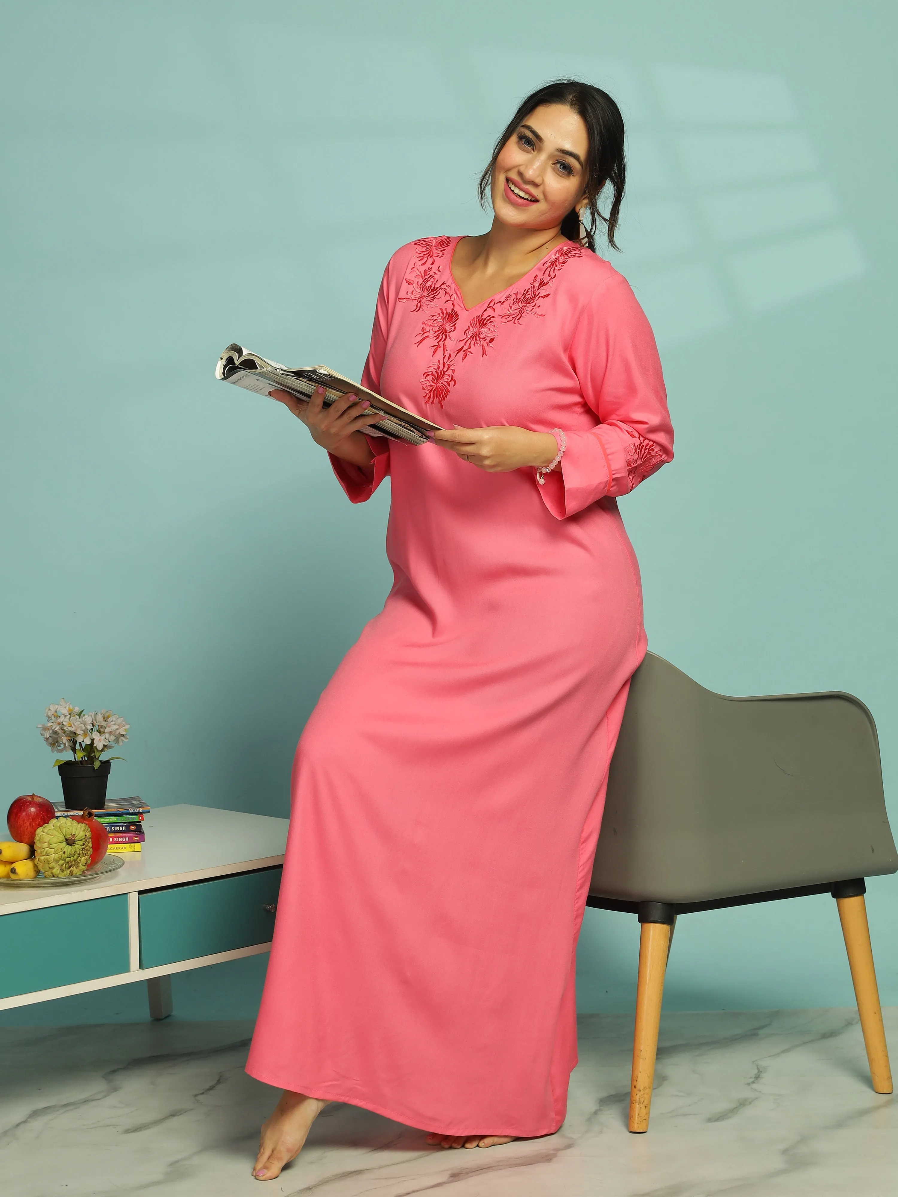Pink Sapphire Embroidery Nighty for Comfort & Style
