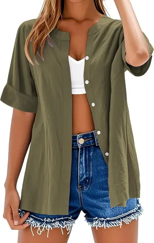 Plus Size Summer Clothes for Women Linen Work Tops Button Down V Neck Boho Clothes Beach Solid Blouses 2025