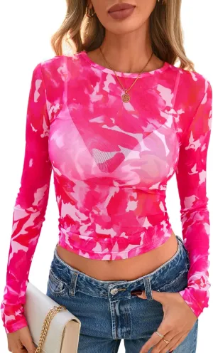 PRETTYGARDEN Womens Mesh Long Sleeve Top 2025 Trendy Spring See Through Sheer Blouse Leopard Fitted Going Out Layering Shirts
