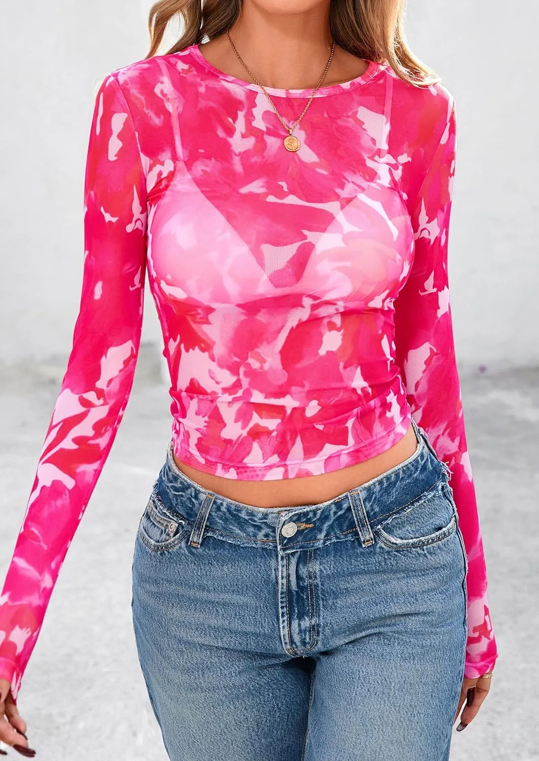 PRETTYGARDEN Womens Mesh Long Sleeve Top 2025 Trendy Spring See Through Sheer Blouse Leopard Fitted Going Out Layering Shirts