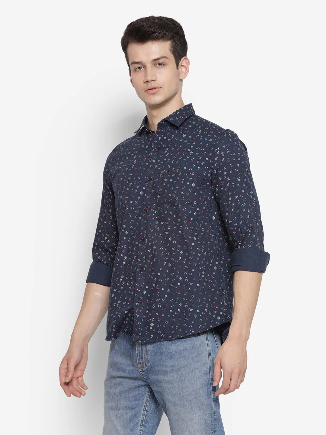 Printed Navy Blue Slim Fit Causal Shirt