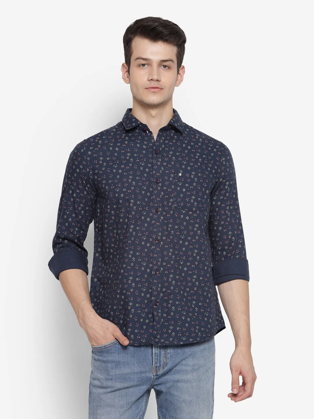 Printed Navy Blue Slim Fit Causal Shirt