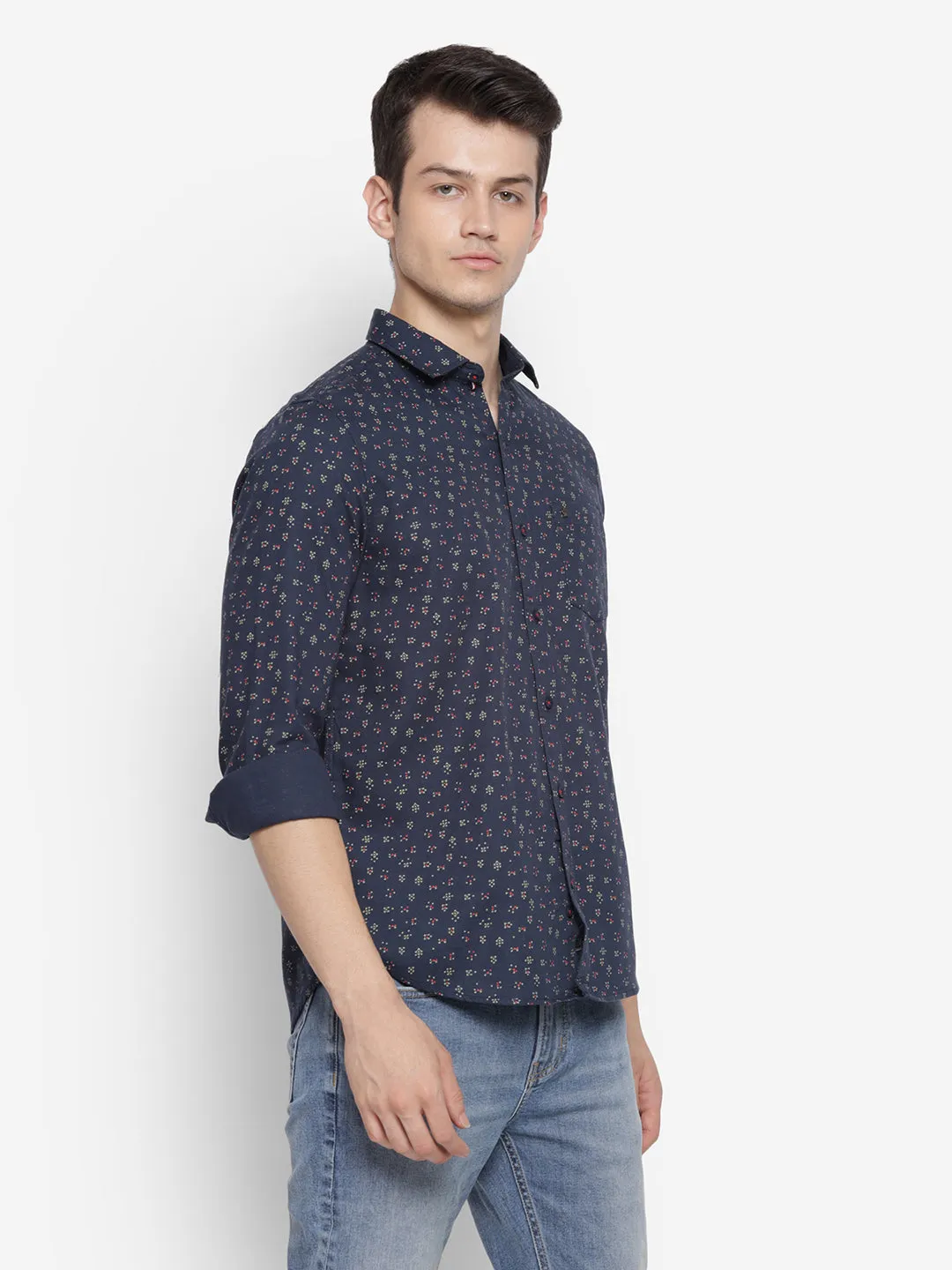 Printed Navy Blue Slim Fit Causal Shirt