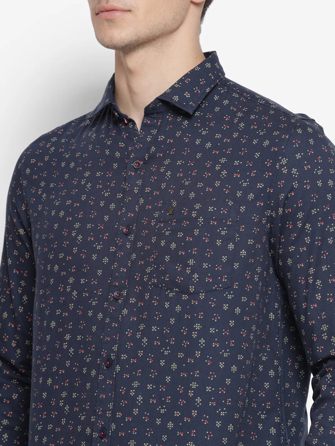 Printed Navy Blue Slim Fit Causal Shirt