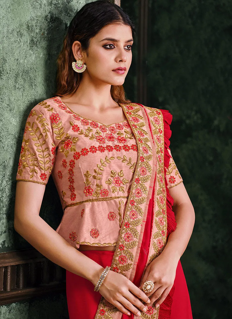 Red And Pink Zari Embroidered Designer Saree
