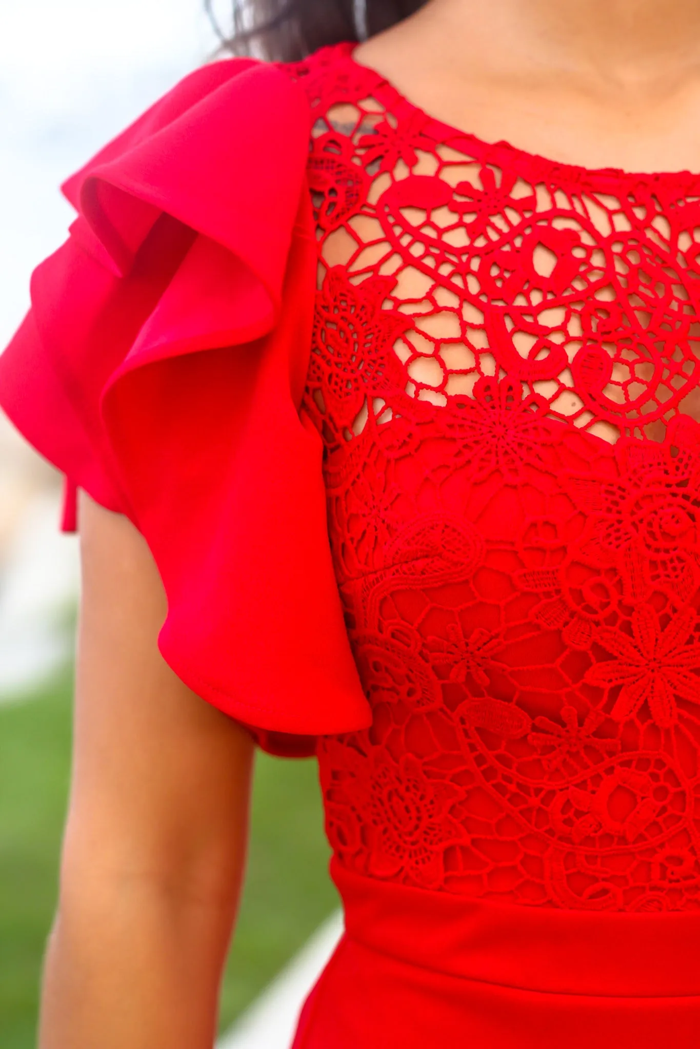 Red Maxi Dress with Crochet Top and Ruffle Sleeve