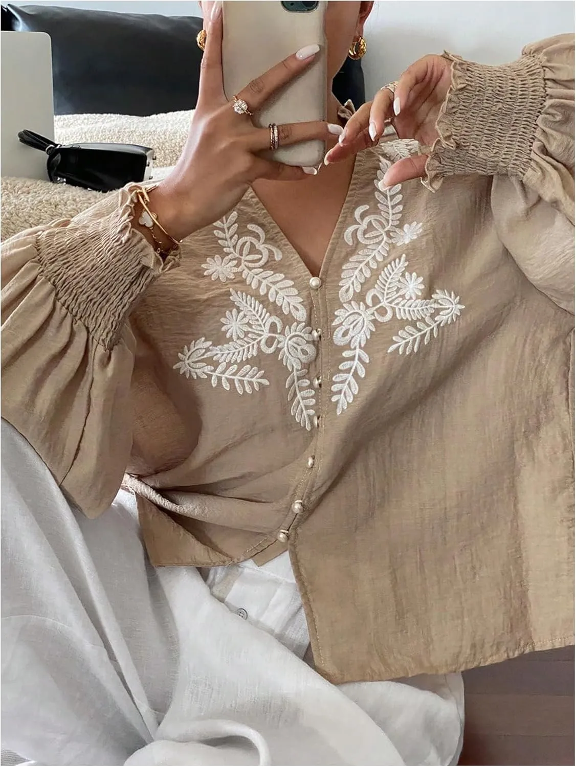 SHENHE Women's Embroidered Linen Shirts Button Up Bishop Sleeve V Neck Boho Blouse