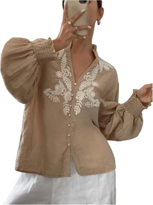 SHENHE Women's Embroidered Linen Shirts Button Up Bishop Sleeve V Neck Boho Blouse