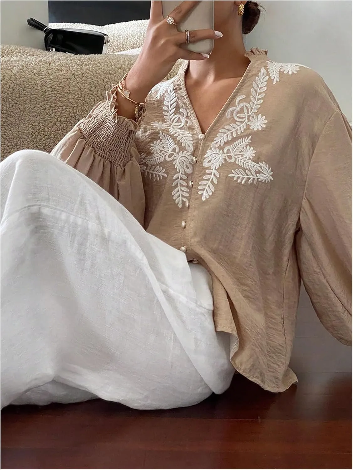 SHENHE Women's Embroidered Linen Shirts Button Up Bishop Sleeve V Neck Boho Blouse
