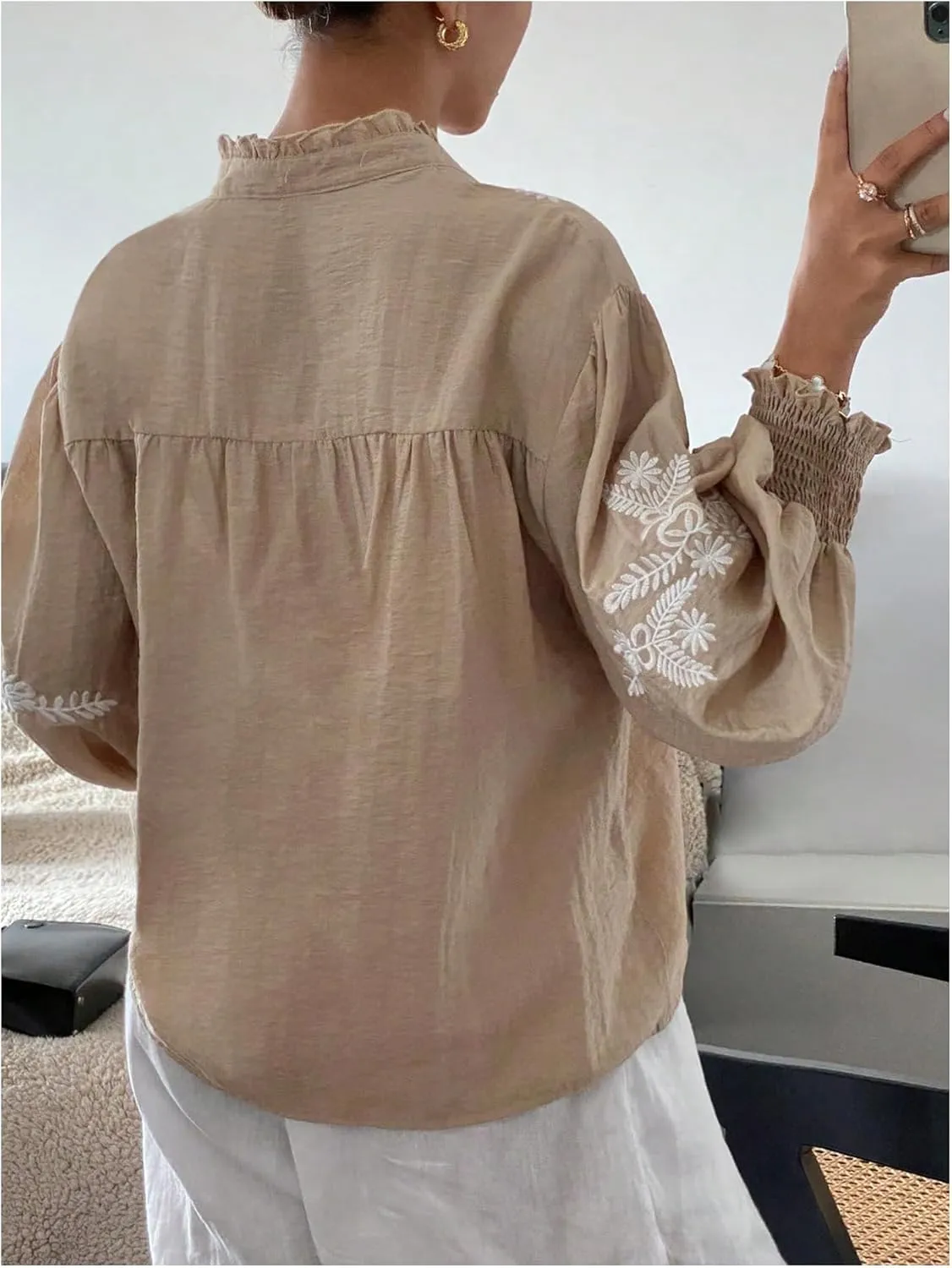 SHENHE Women's Embroidered Linen Shirts Button Up Bishop Sleeve V Neck Boho Blouse