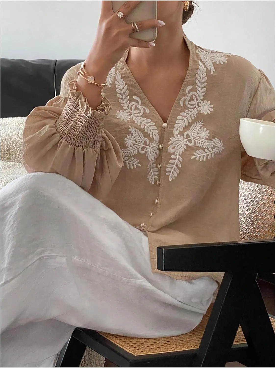 SHENHE Women's Embroidered Linen Shirts Button Up Bishop Sleeve V Neck Boho Blouse