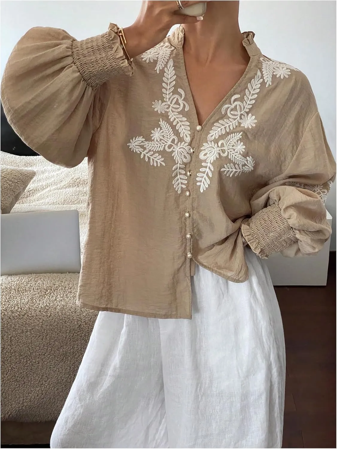 SHENHE Women's Embroidered Linen Shirts Button Up Bishop Sleeve V Neck Boho Blouse