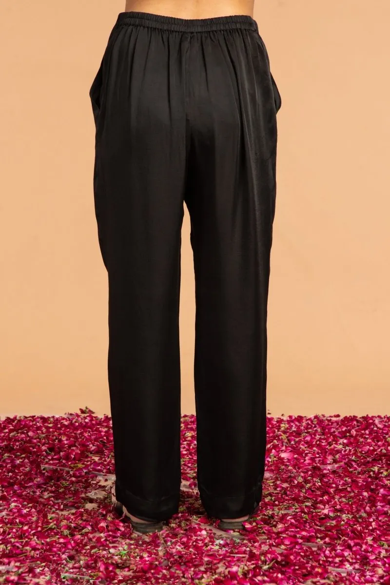 Slim Fit Modal Satin Pants - Black
