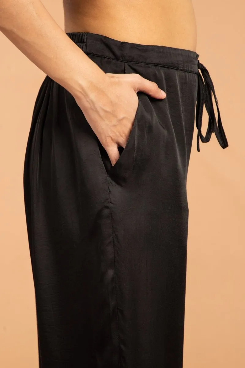 Slim Fit Modal Satin Pants - Black