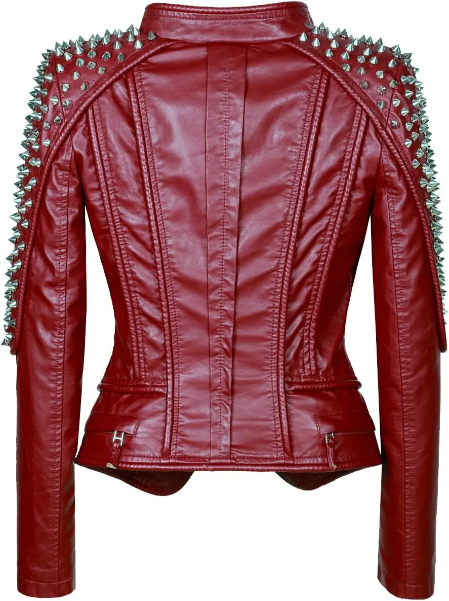 SX New Punk Rivet faux leather PU Jacket Women fashion Biker Jacket Black Slim Fit Streetwear Coat