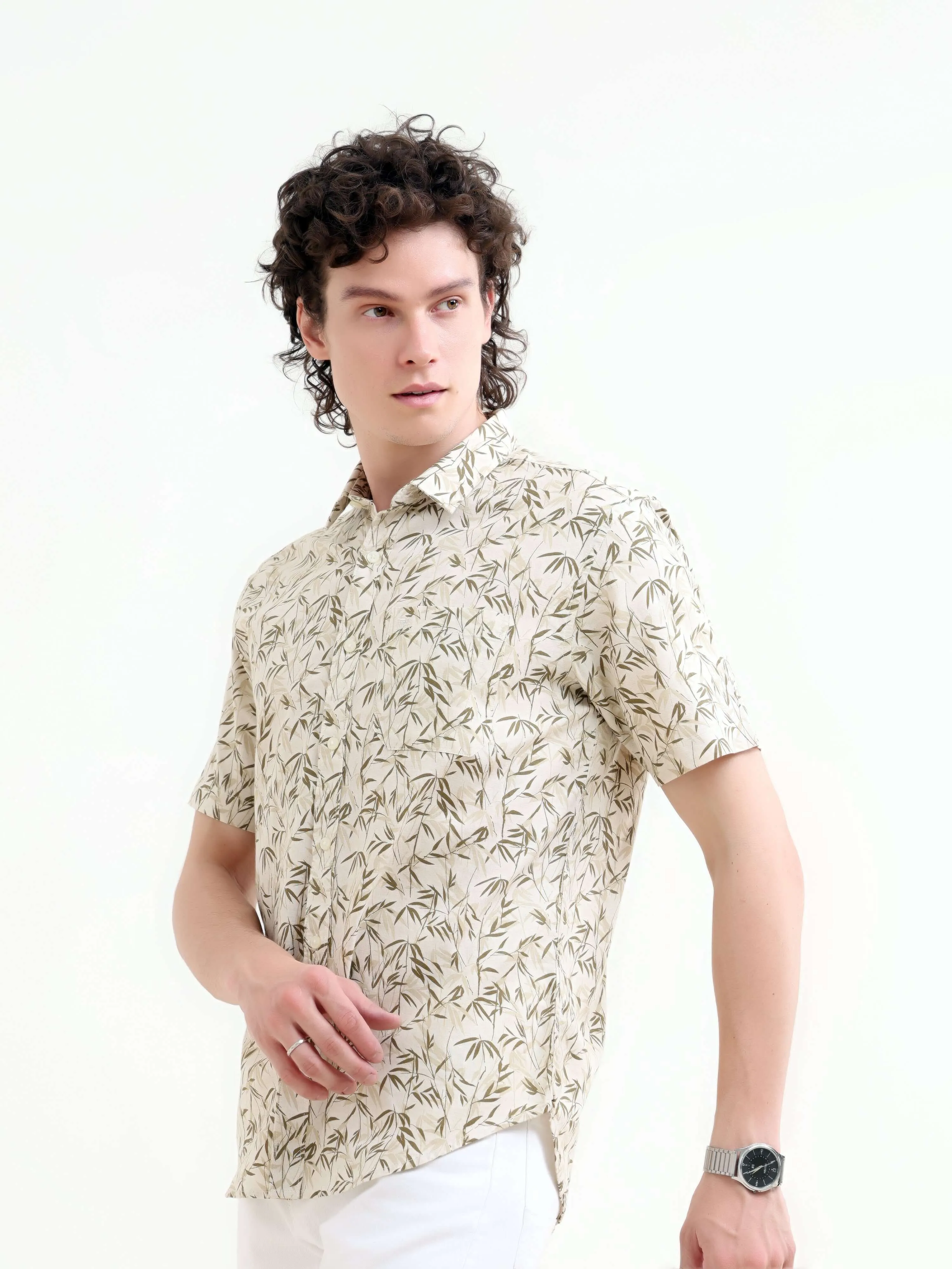 Tropical sage forest green printed shirt