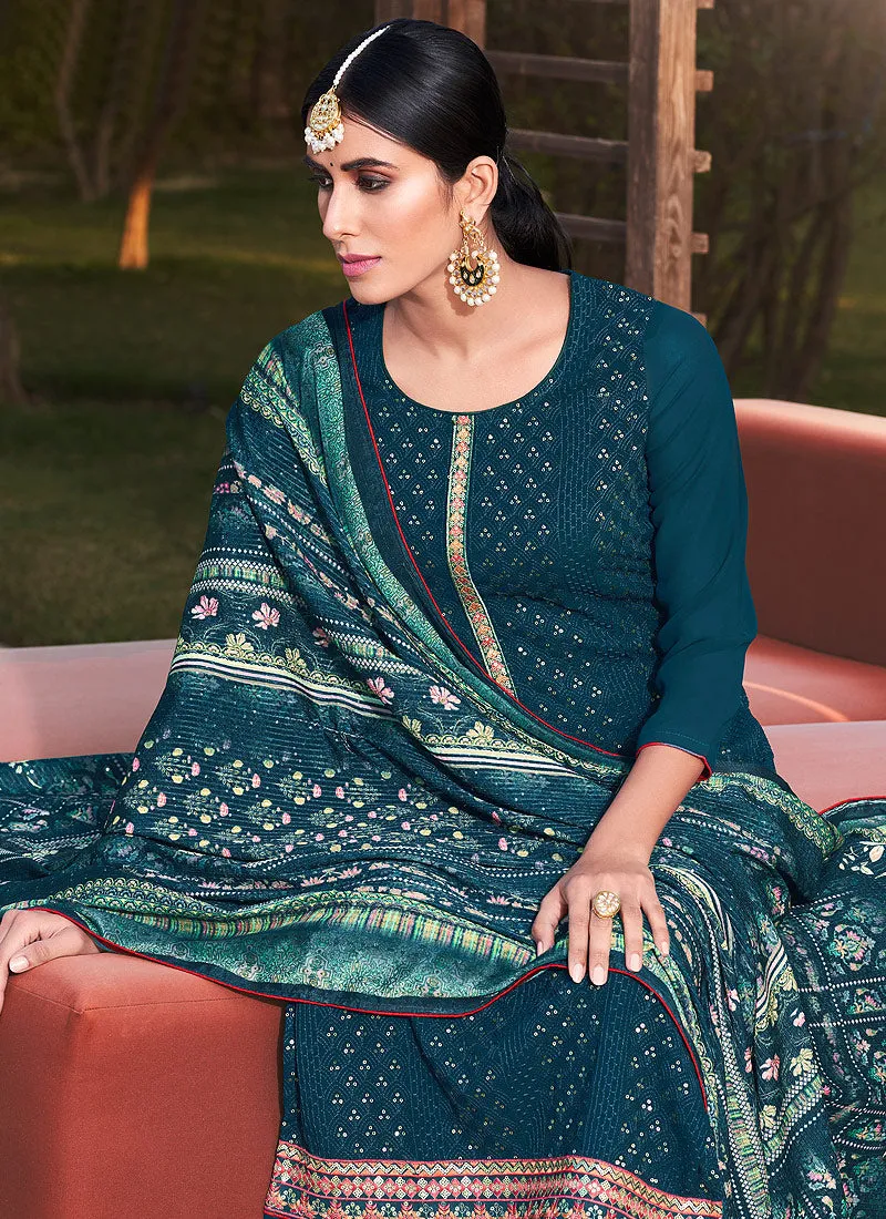 Turquoise Blue Sequence Embroidered Salwar Suit
