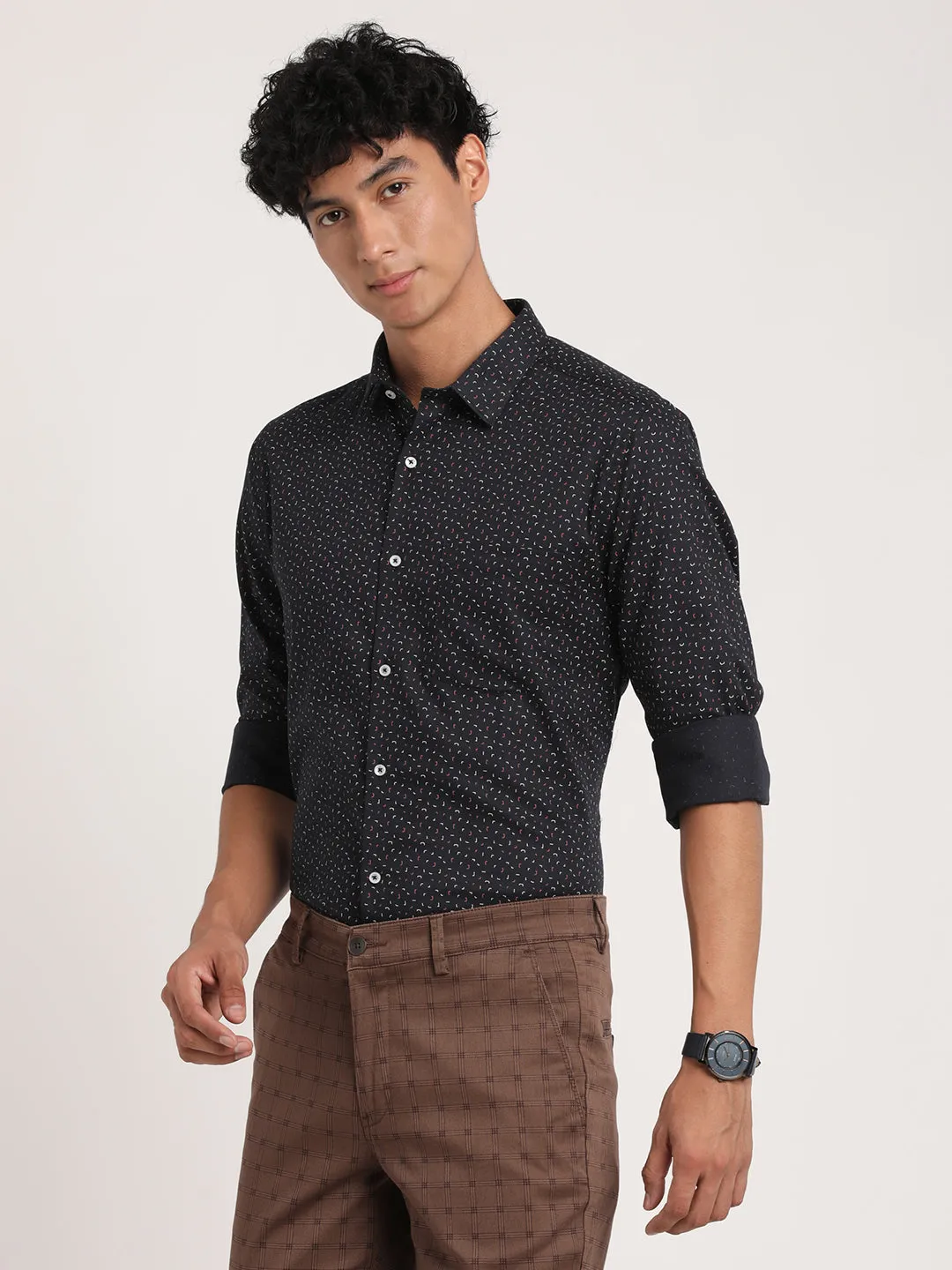 Turtle Men Pure Cotton Black Printed Slim Fit Formal Shirts