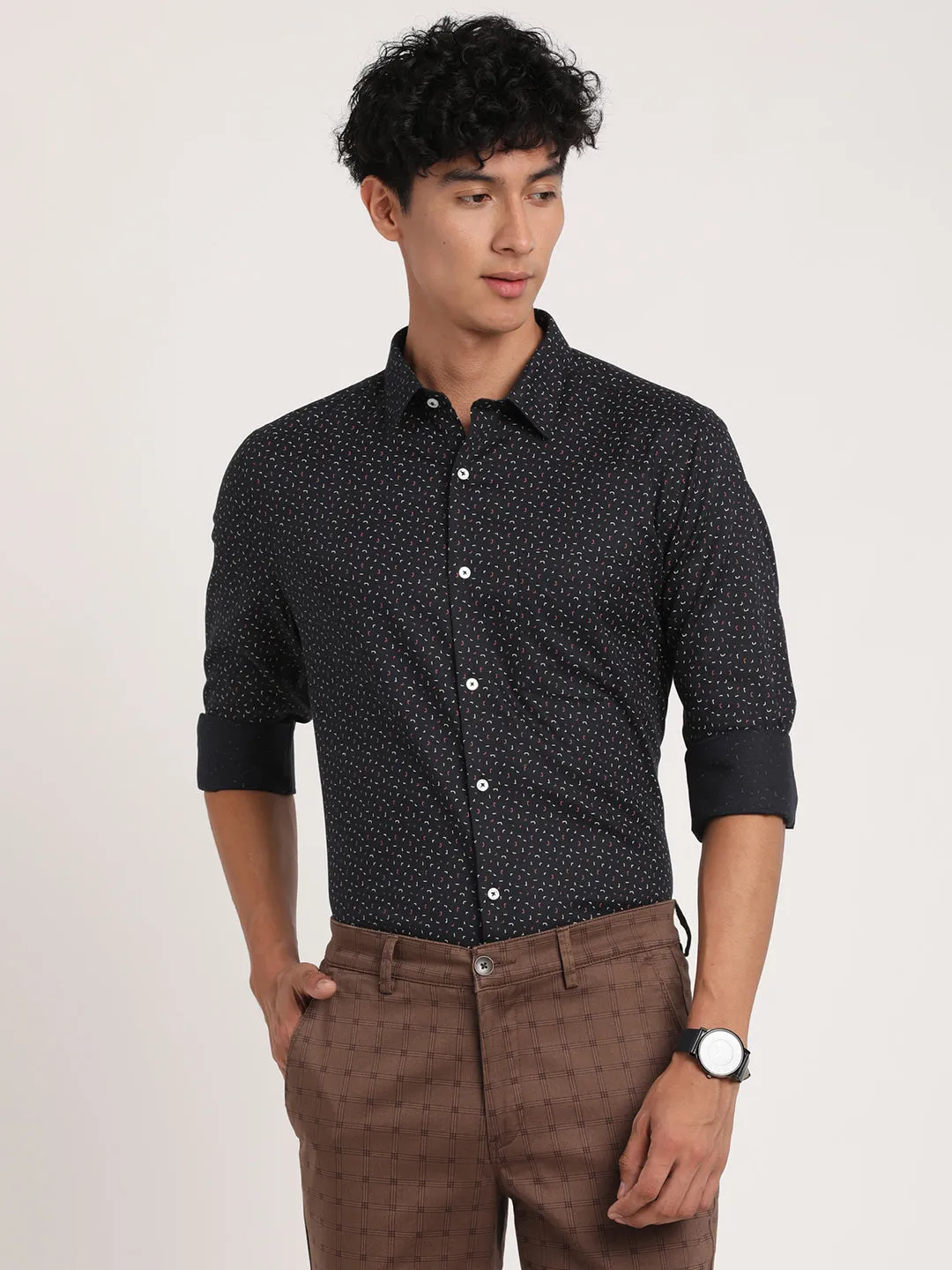 Turtle Men Pure Cotton Black Printed Slim Fit Formal Shirts