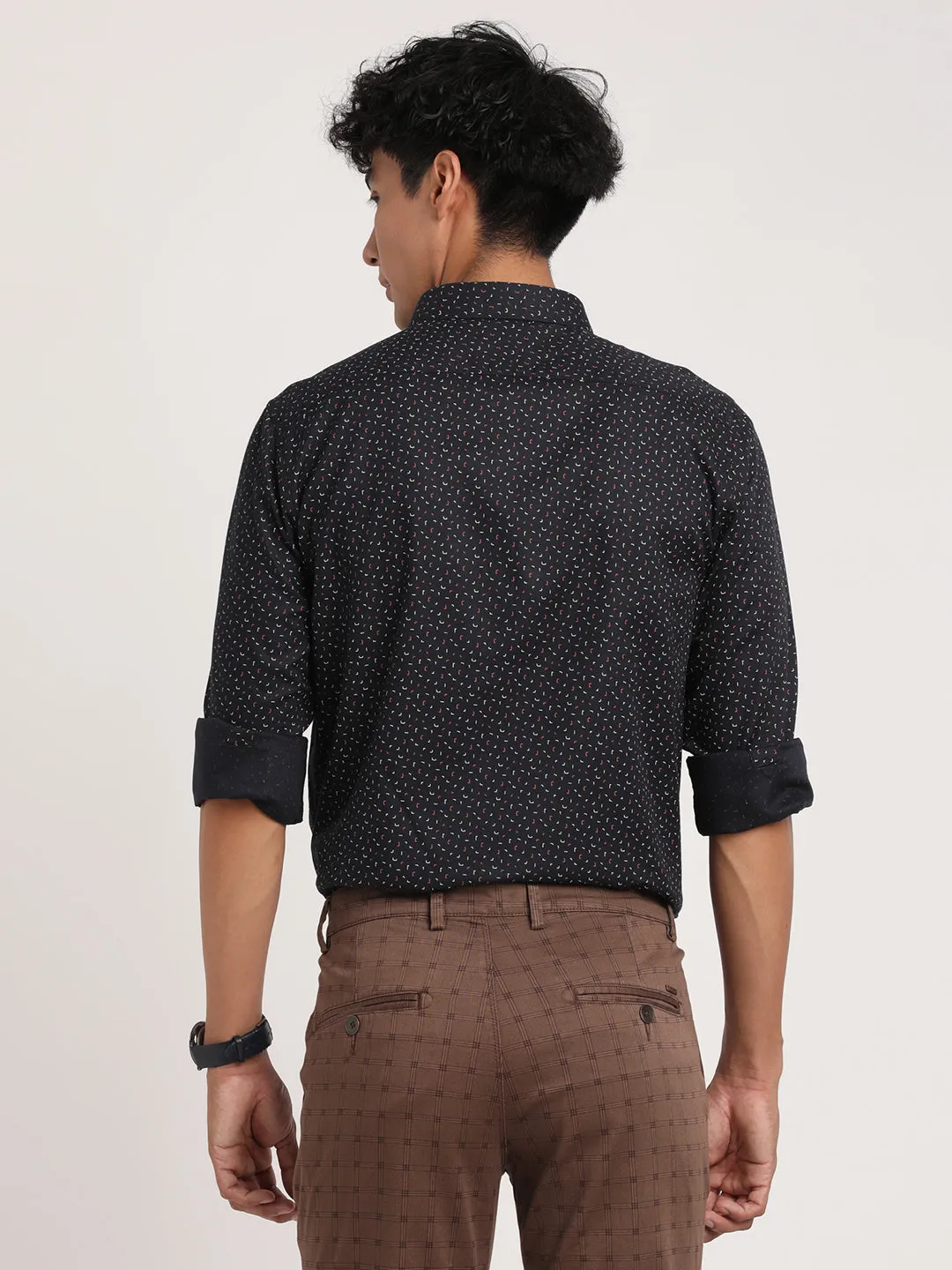 Turtle Men Pure Cotton Black Printed Slim Fit Formal Shirts
