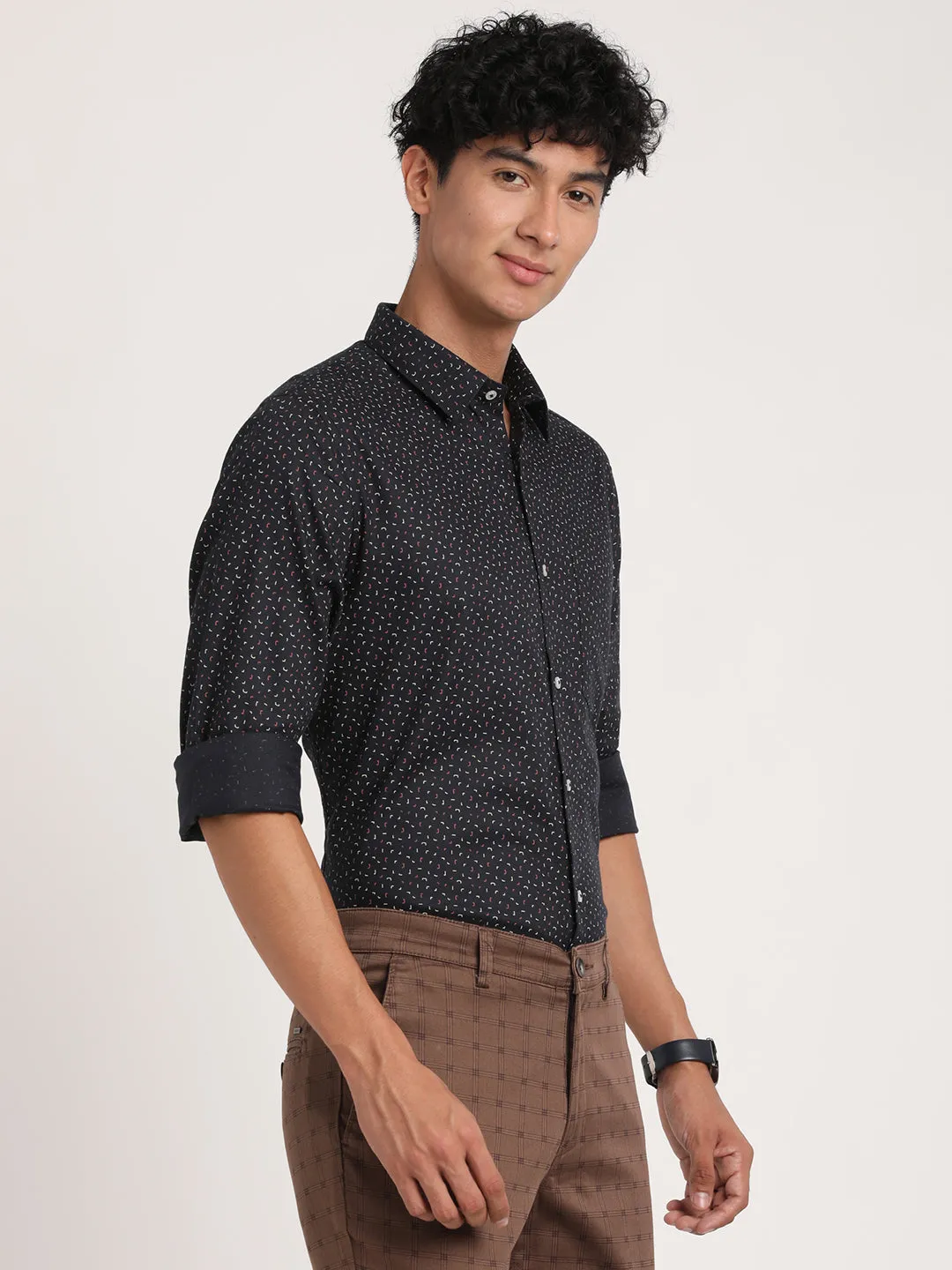 Turtle Men Pure Cotton Black Printed Slim Fit Formal Shirts