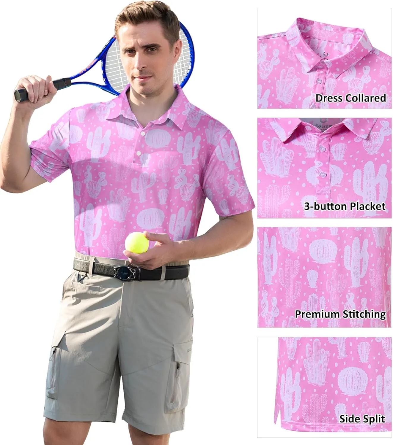 uideazone Mens Polo Shirts Short Sleeve Dry Fit 3D Print Moisture Wicking Funny Golf Shirt