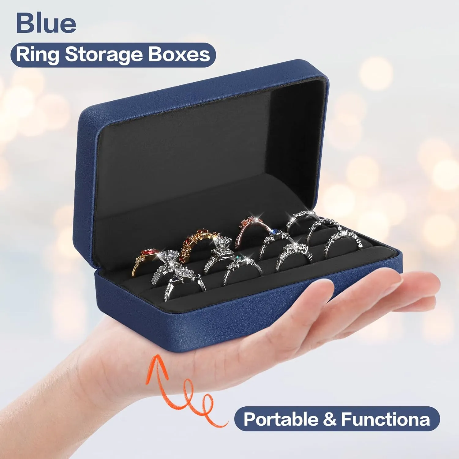 Velet Ring Storage Box for Multiple Rings, Travel Jewelry Ring Stud Earrings Holder Case, 3 Slot Portable Ring Display Organizer Case (Blue)