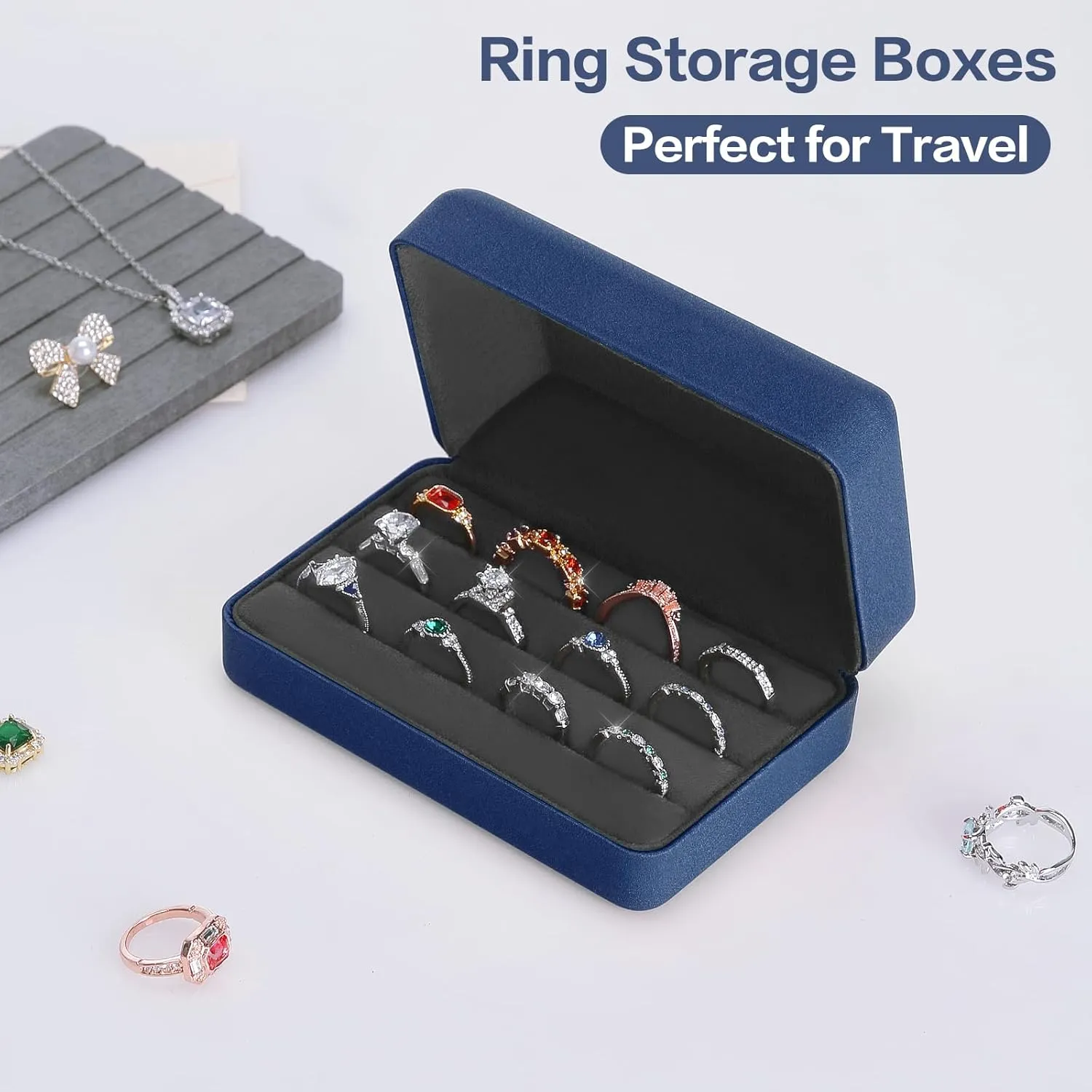 Velet Ring Storage Box for Multiple Rings, Travel Jewelry Ring Stud Earrings Holder Case, 3 Slot Portable Ring Display Organizer Case (Blue)