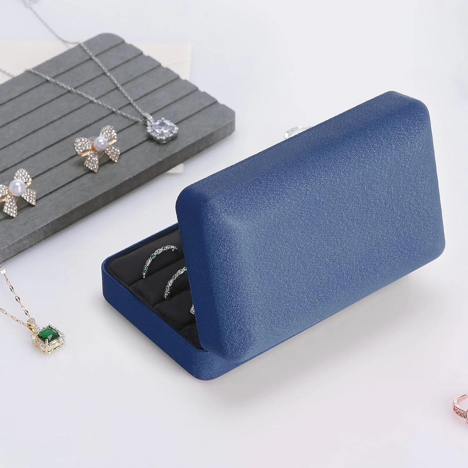 Velet Ring Storage Box for Multiple Rings, Travel Jewelry Ring Stud Earrings Holder Case, 3 Slot Portable Ring Display Organizer Case (Blue)