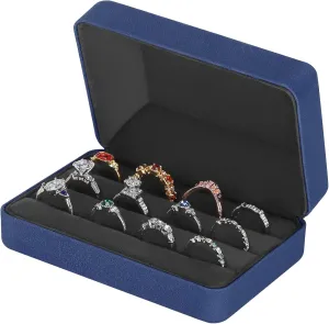 Velet Ring Storage Box for Multiple Rings, Travel Jewelry Ring Stud Earrings Holder Case, 3 Slot Portable Ring Display Organizer Case (Blue)