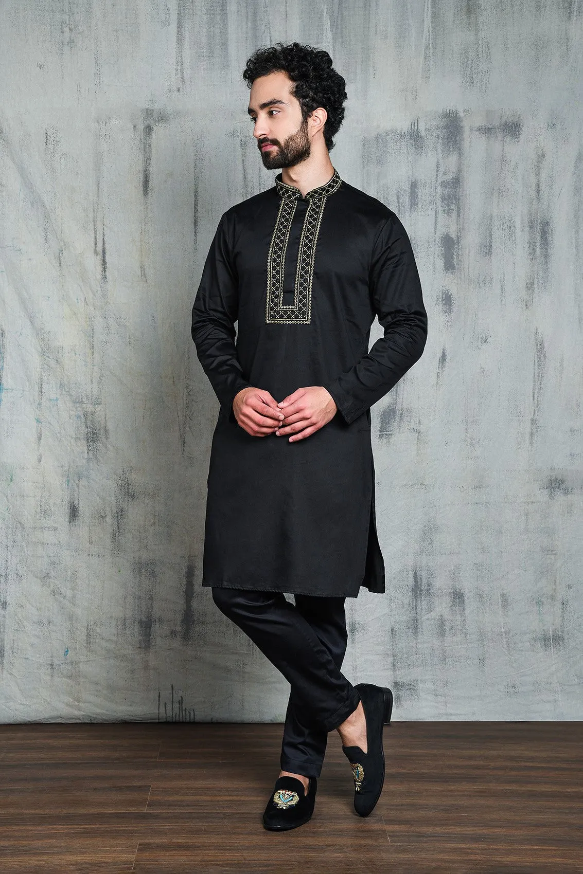 VELVET BLACK SATIN KURTA SET WITH ZARI EMBROIDERY