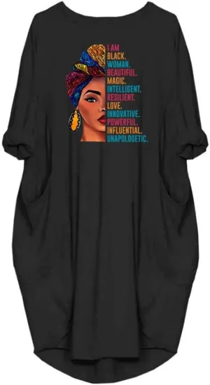 WbJetr Black Woman Beautiful Magic Printed Loose Pocket Oversize Tunic T-Shirt Dress