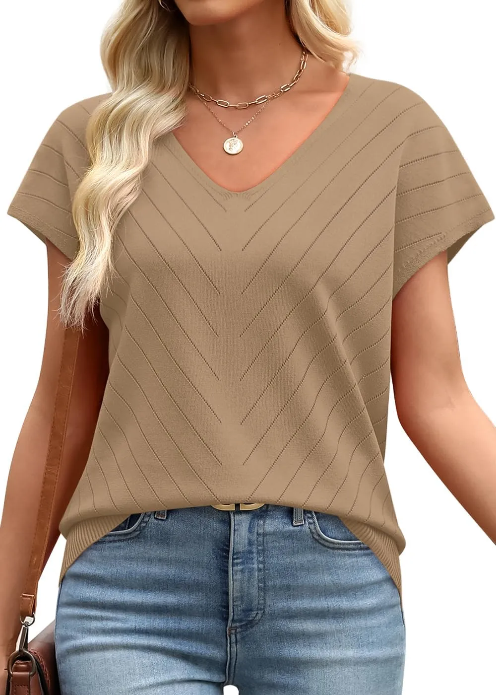 WIHOLL Short Sleeve Sweater for Women V Neck Trendy Summer Tops 2025 Beach Vacation Clothes Travel Business Casual Outfits