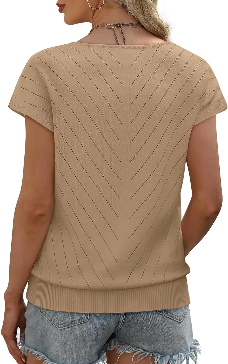 WIHOLL Short Sleeve Sweater for Women V Neck Trendy Summer Tops 2025 Beach Vacation Clothes Travel Business Casual Outfits