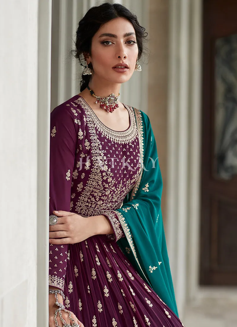 Wine And Green Embroidery Peplum Anarkali Lehenga