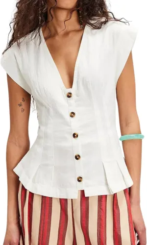 Women Boho V Neck Button Down Peplum Shirt Top Cap Sleeve Side Slit Solid Slim Fit Pleated Ruffle Hem Blouse